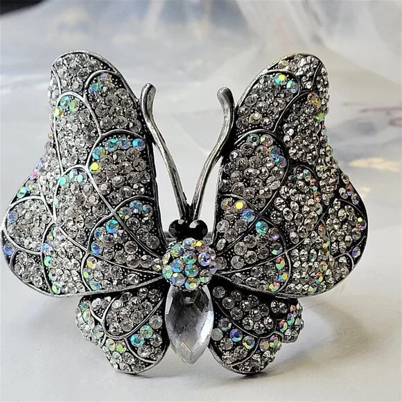 Large Rhinestone Butterfly Hinged Cuff Bracelet - Picture 2 of 14